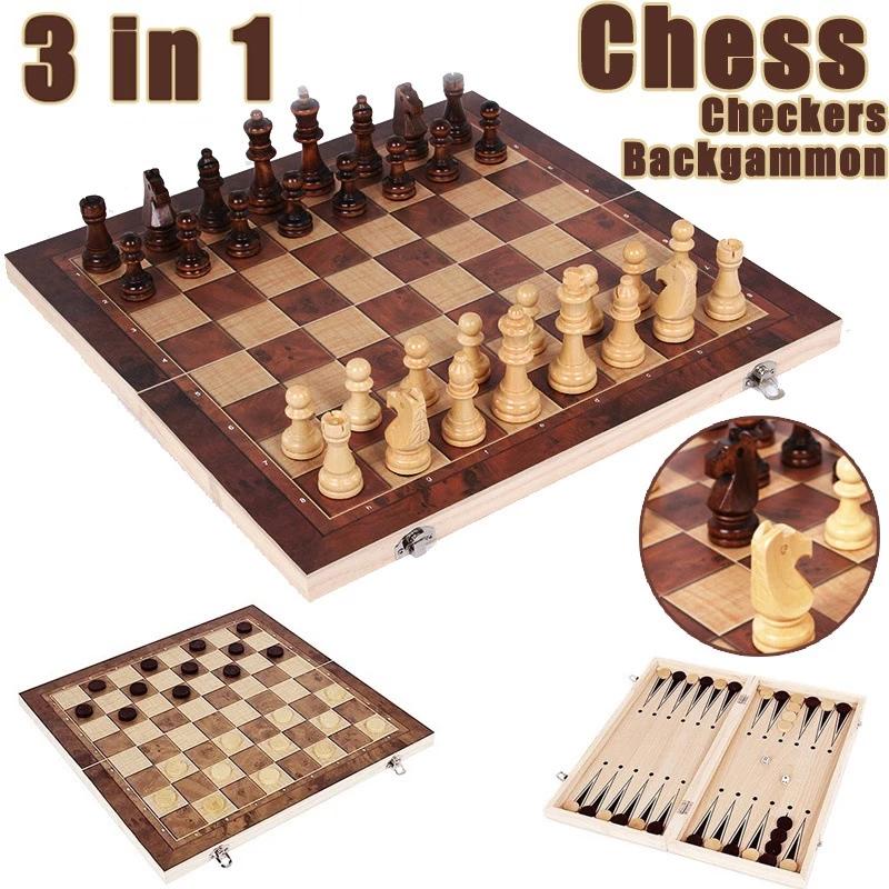 Magnetic Travel Chess - 3-in-1-Schachbrett, klappbares tragbares Schachspielbrett aus Holz,