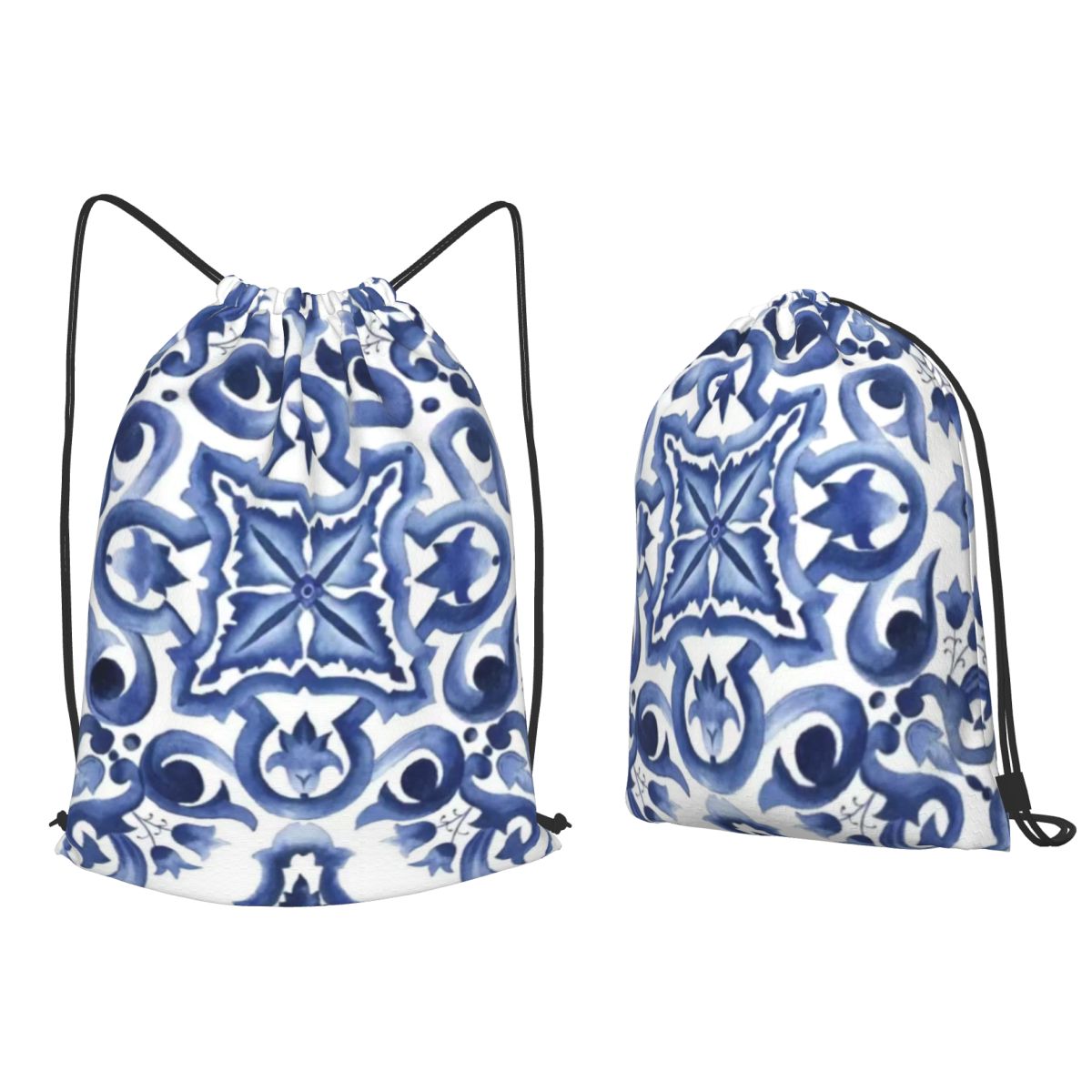 Tile Bag Drawstring - Blaue, verzierte, floral gemusterte, mediterrane, sizilianische