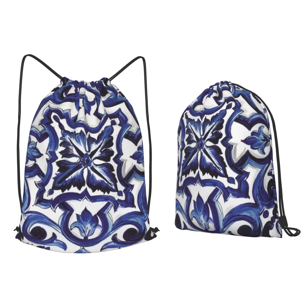 Tile Bag Drawstring - Blaue, verzierte, floral gemusterte, mediterrane, sizilianische