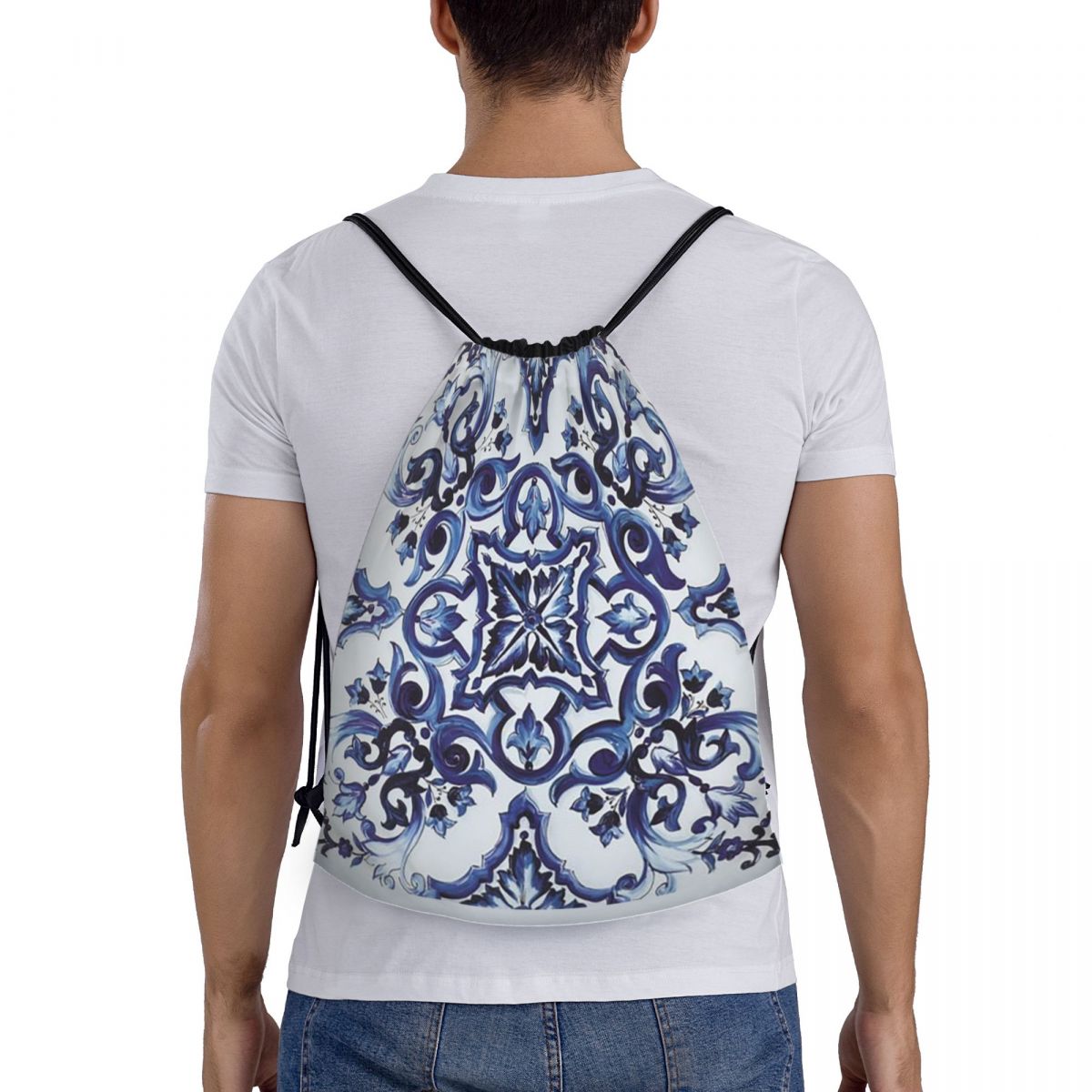 Tile Bag Drawstring - Blaue, verzierte, floral gemusterte, mediterrane, sizilianische