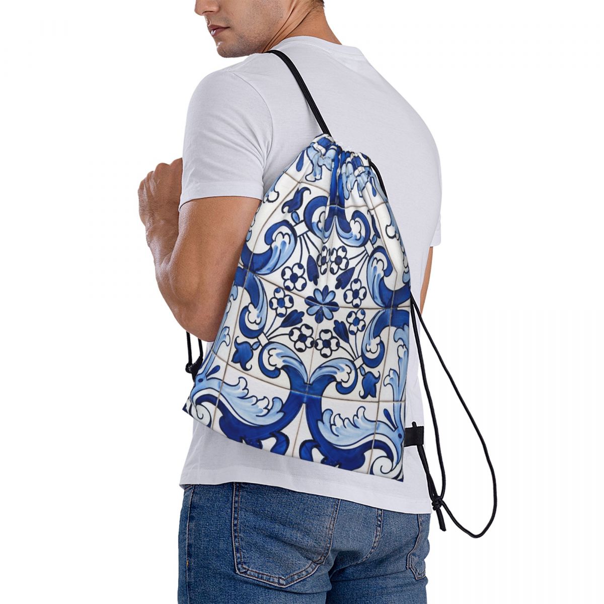Tile Bag Drawstring - Antike klassische Rucksäcke mit blauem Azulejo-Fliesen-Blumenmuster