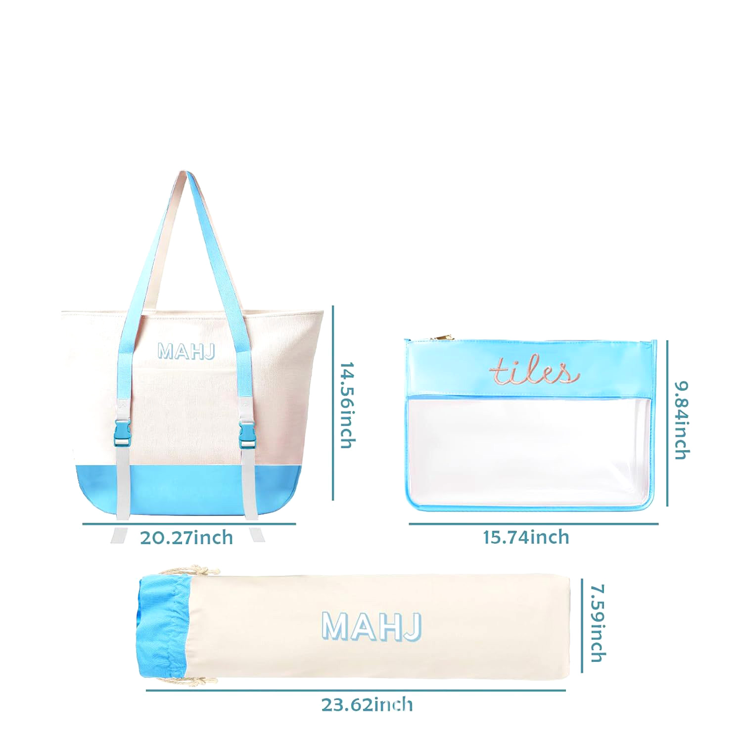 Tile Bag Drawstring - Canvas-Tragetaschen-Set für Mahjong-Steine mit transparenter Reißverschlusstasche