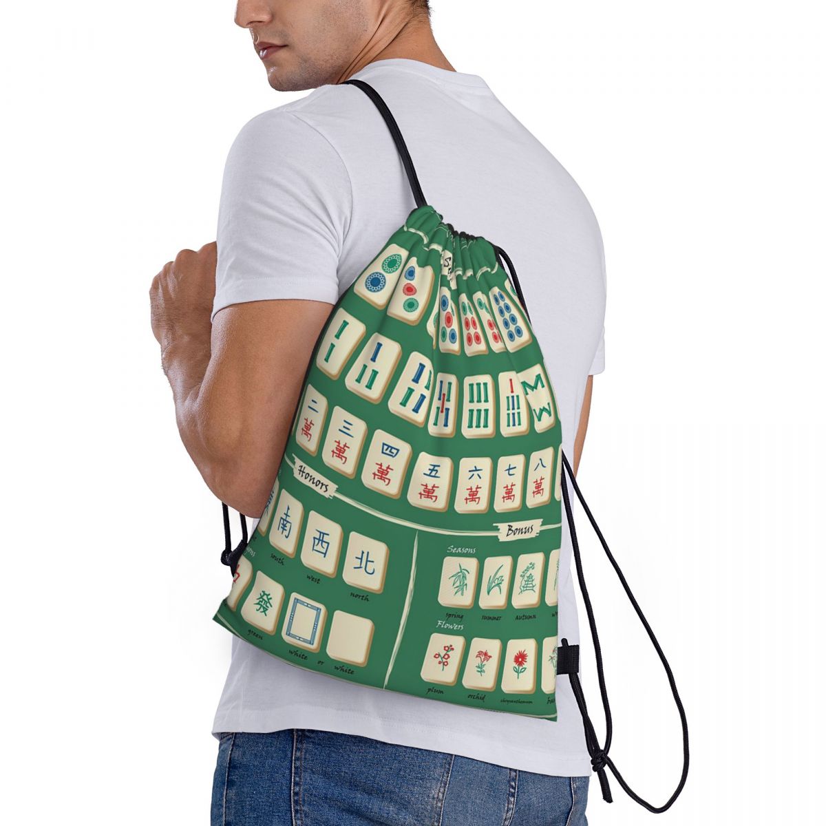 Tile Bag Drawstring - Rucksäcke mit Mahjong-Fliesenmuster, tragbare Taschen mit