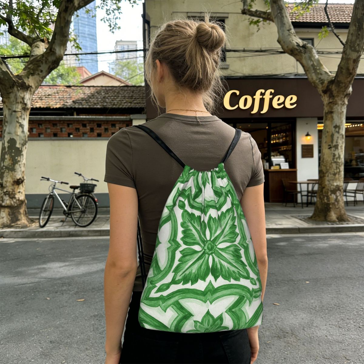 Tile Bag Drawstring - Grüne, verzierte, floral gemusterte, mediterrane, sizilianische