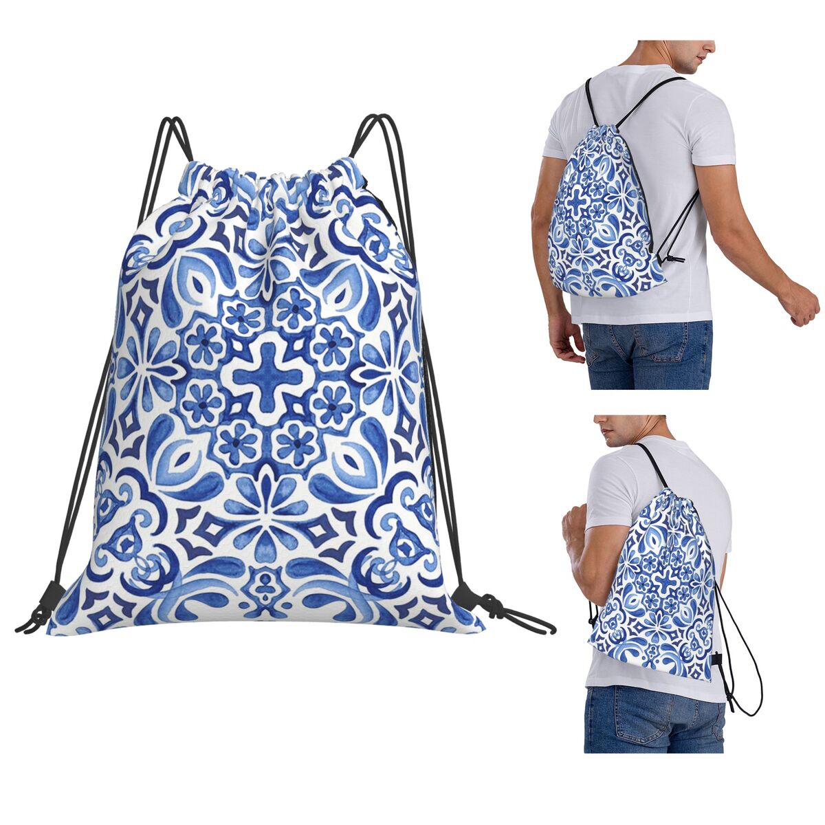Tile Bag Drawstring - Mediterrane Mosaikfliesen Azulejos Rucksäcke, lässige Sporttasche