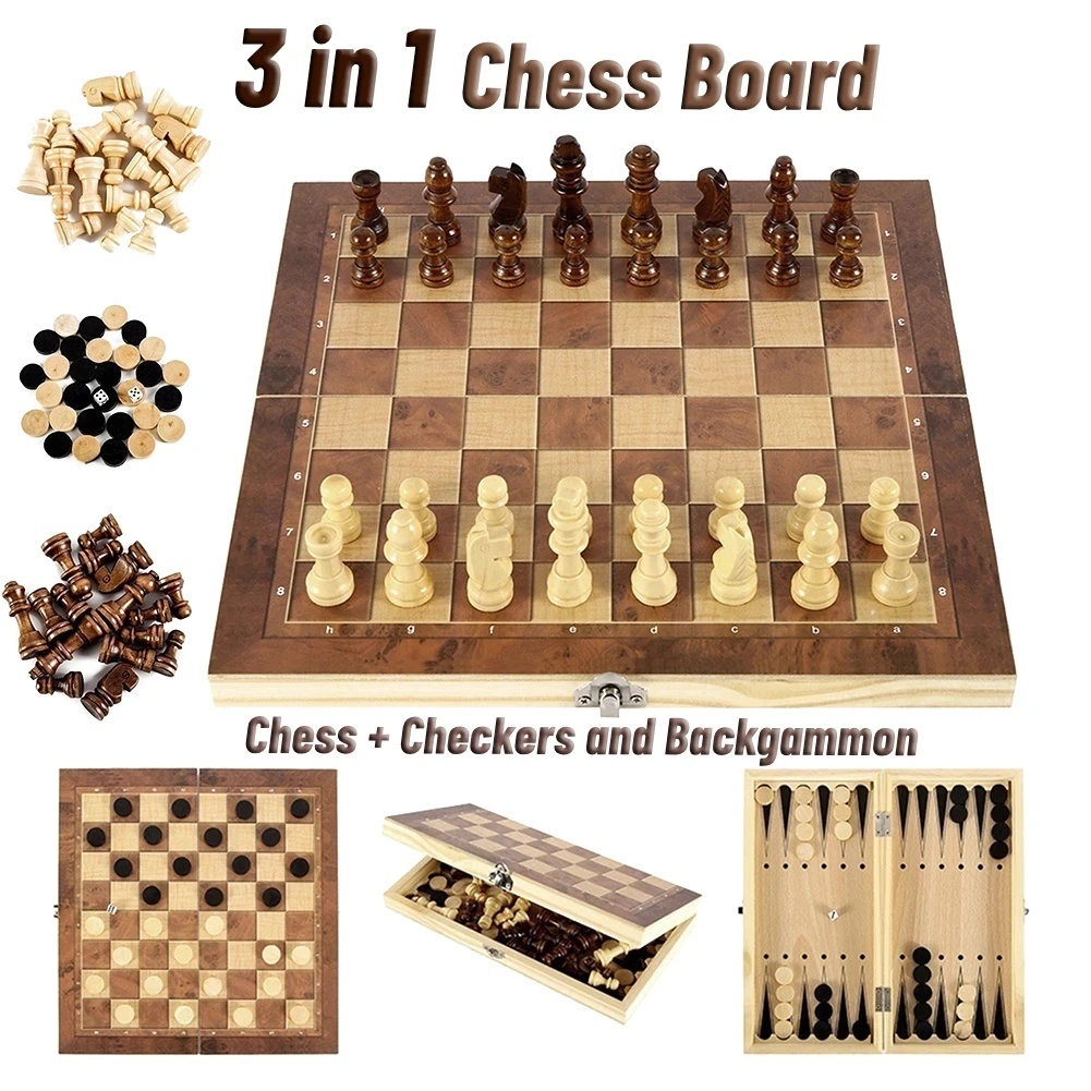 Magnetic Travel Chess - 3-in-1 Holz-Dame-Backgammon-Schach-Set, tragbares, faltbares Brettspiel für