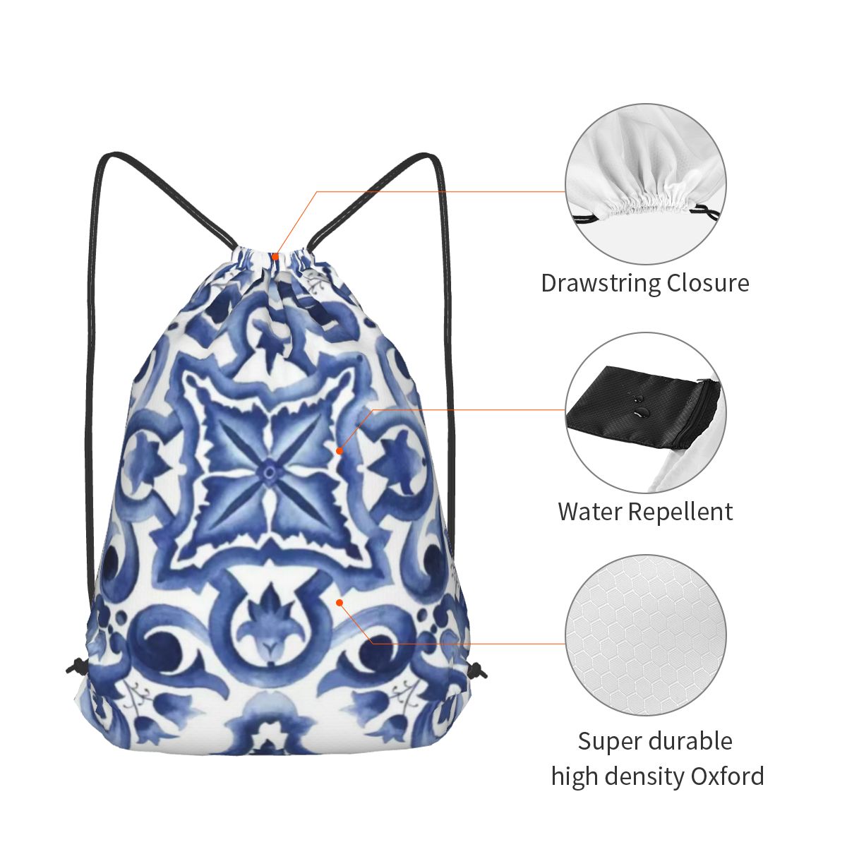 Blaue, verzierte, floral gemus – Tile Bag Drawstring Bewertung und Preis