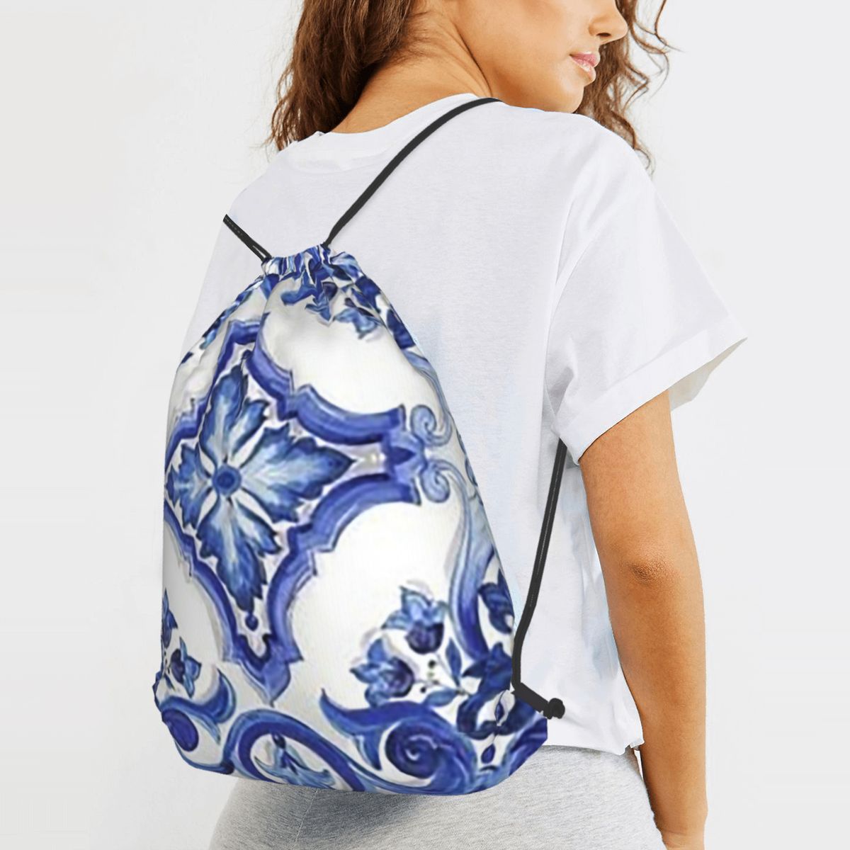 Blaue, verzierte, floral gemus – Tile Bag Drawstring Bewertung und Preis