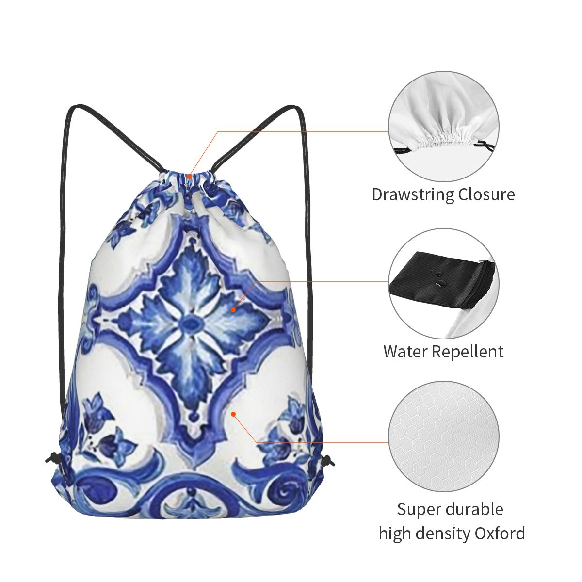 Blaue, verzierte, floral gemus – Tile Bag Drawstring Bewertung und Preis