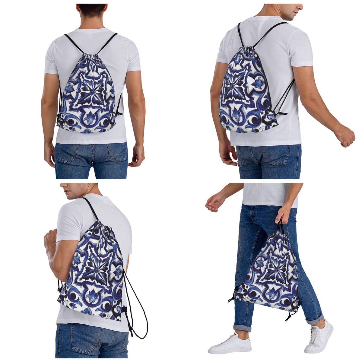 Blaue, verzierte, floral gemus – Tile Bag Drawstring Bewertung und Preis