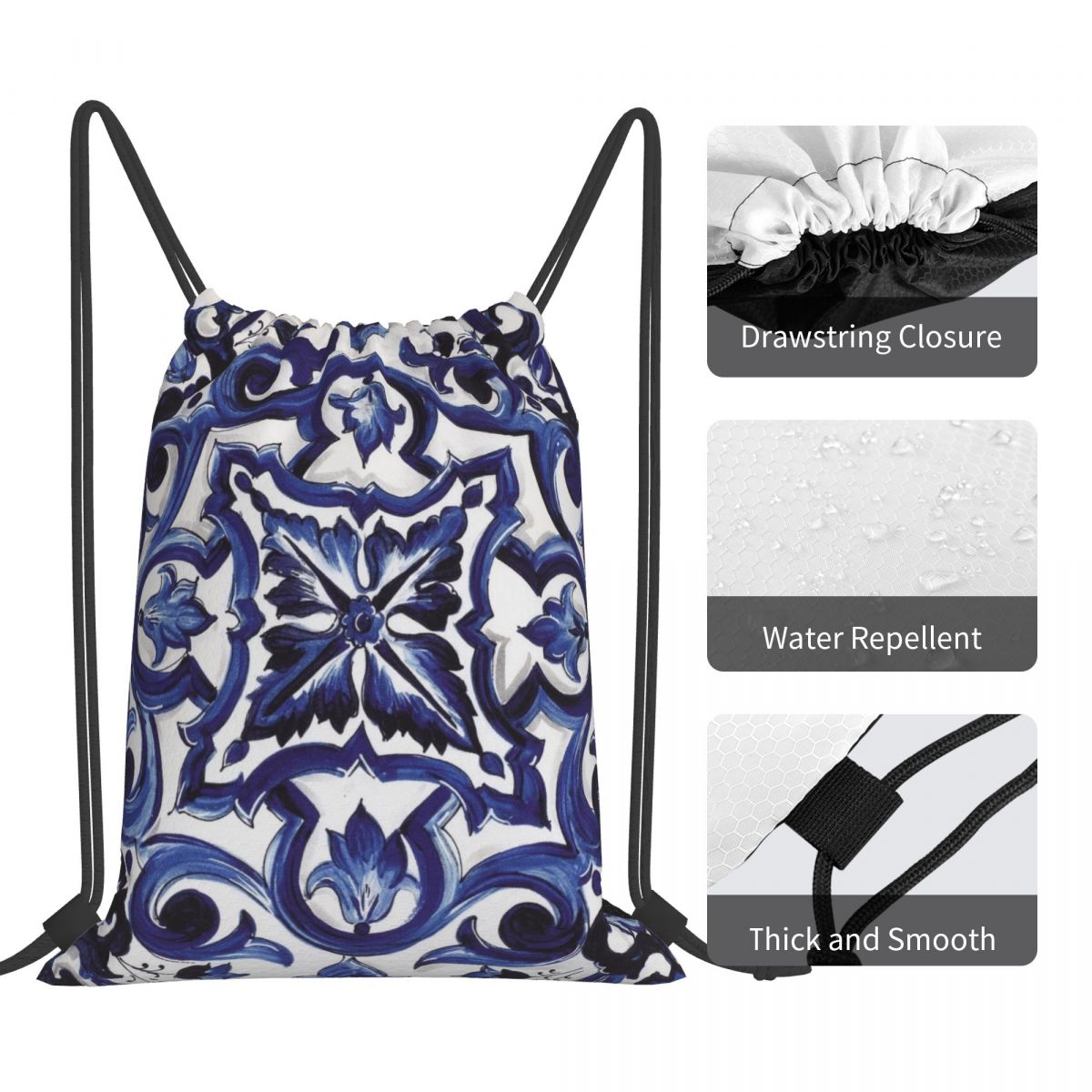 Blaue, verzierte, floral gemus – Tile Bag Drawstring Bewertung und Preis