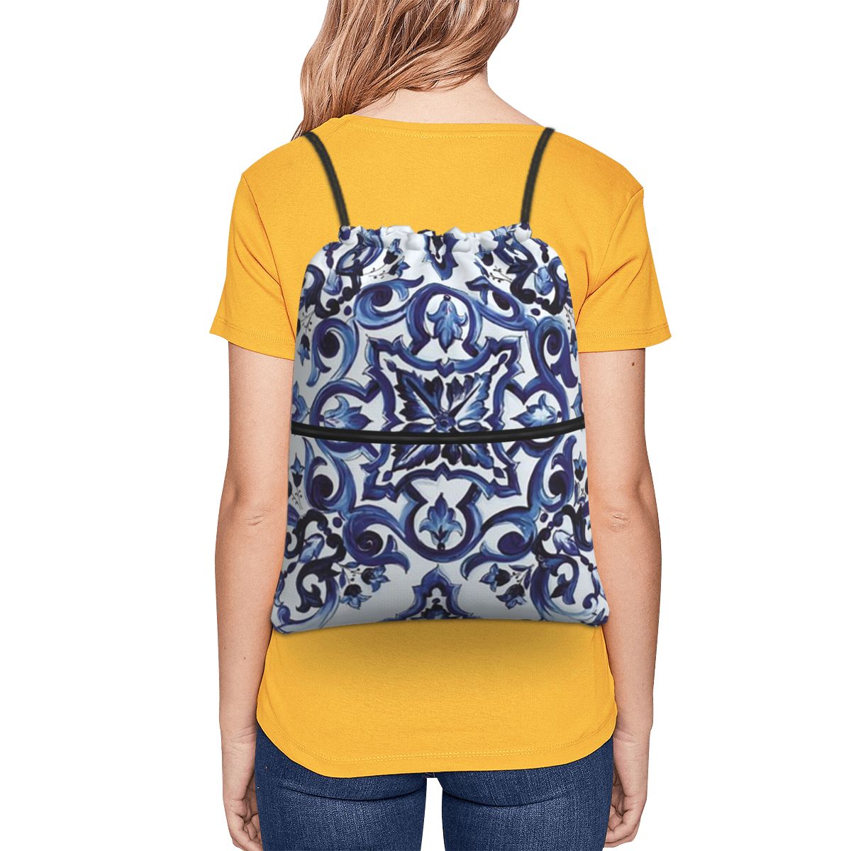 Blau verzierte, floral gemuste – Tile Bag Drawstring Bewertung und Preis