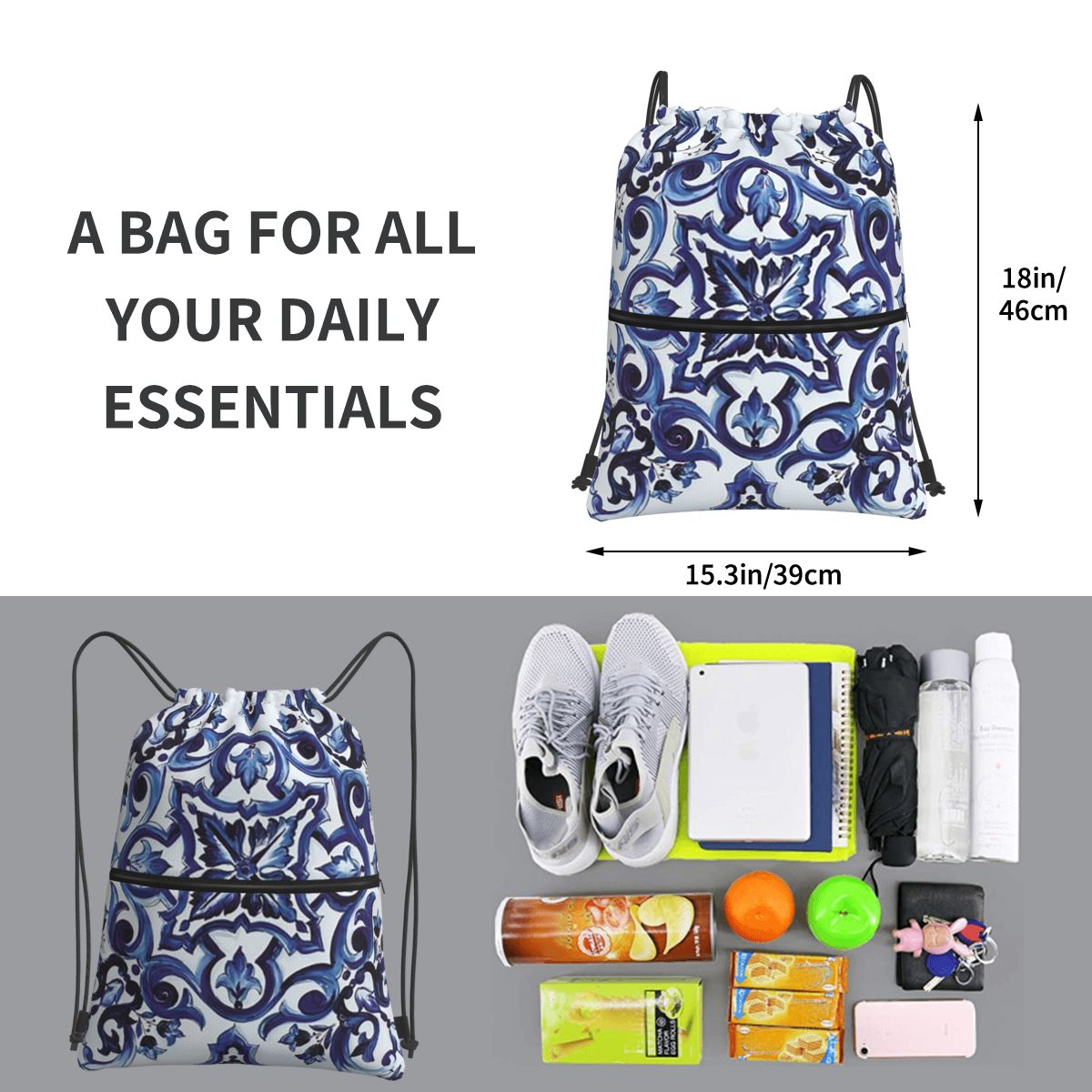 Blau verzierte, floral gemuste – Tile Bag Drawstring Bewertung und Preis