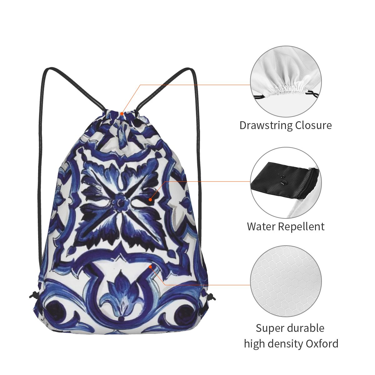 Blaue, verzierte, floral gemus – Tile Bag Drawstring Bewertung und Preis