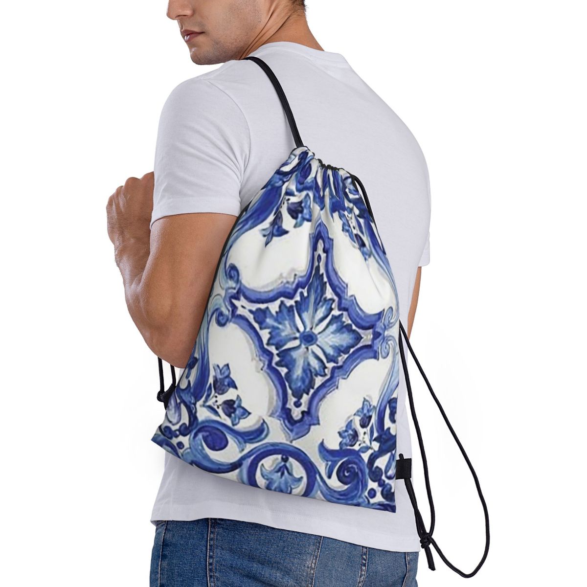 Blaue, verzierte, floral gemus – Tile Bag Drawstring Bewertung und Preis