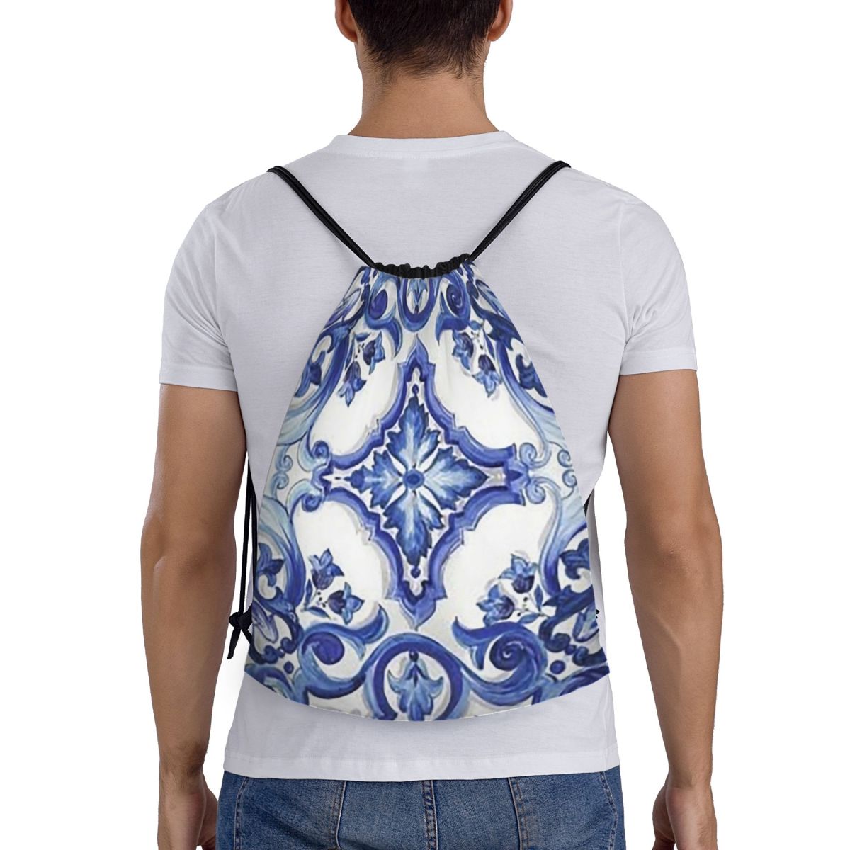 Blaue, verzierte, floral gemus – Tile Bag Drawstring Bewertung und Preis