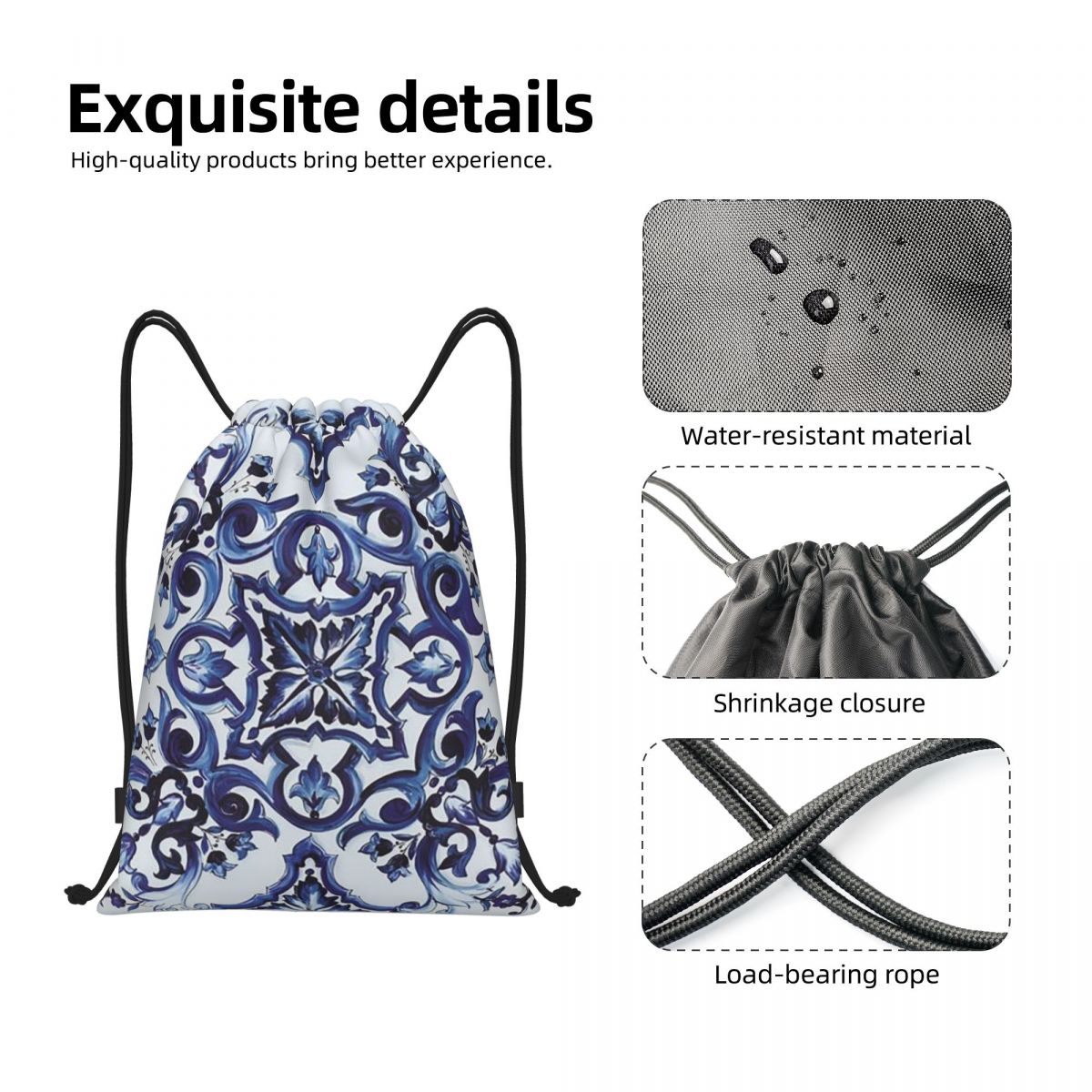 Blaue, verzierte, floral gemus – Tile Bag Drawstring Bewertung und Preis