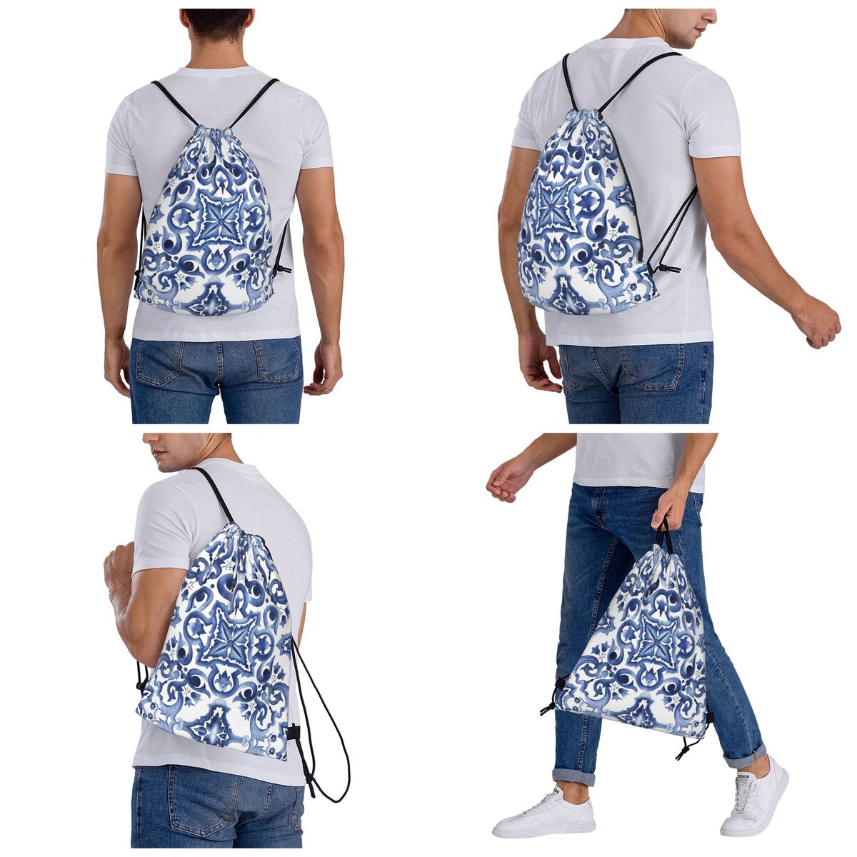 Blaue, verzierte, floral gemus – Tile Bag Drawstring Bewertung und Preis