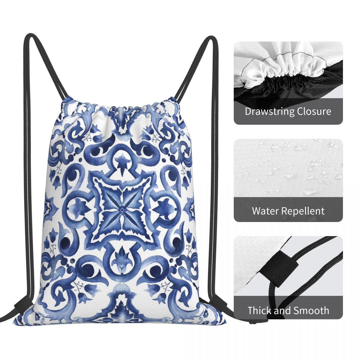 Blaue, verzierte, floral gemus – Tile Bag Drawstring Bewertung und Preis