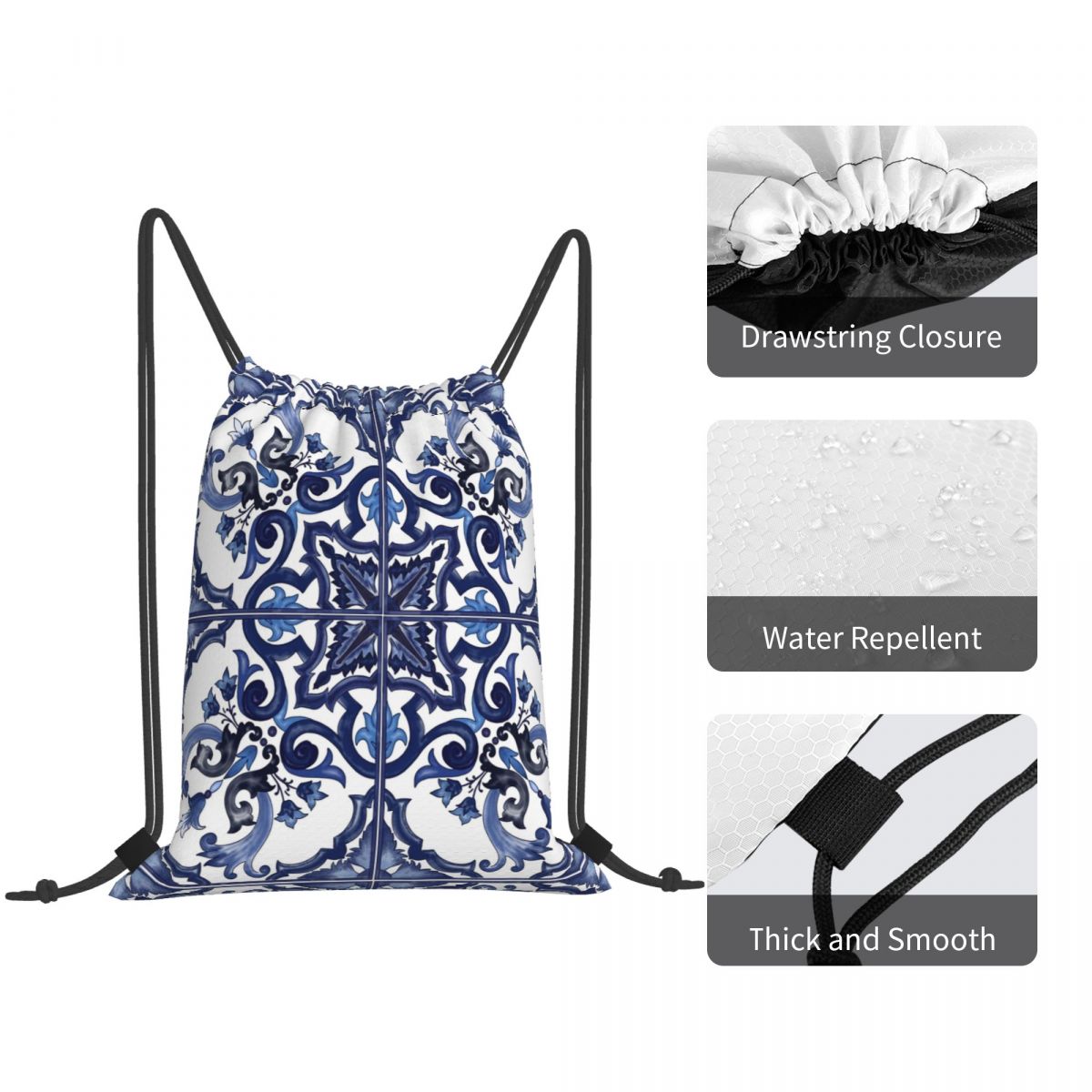 Blaue, verzierte, floral gemus – Tile Bag Drawstring Bewertung und Preis